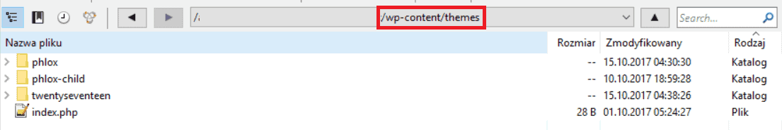 katalog wp-content/themes na serwerze FTP