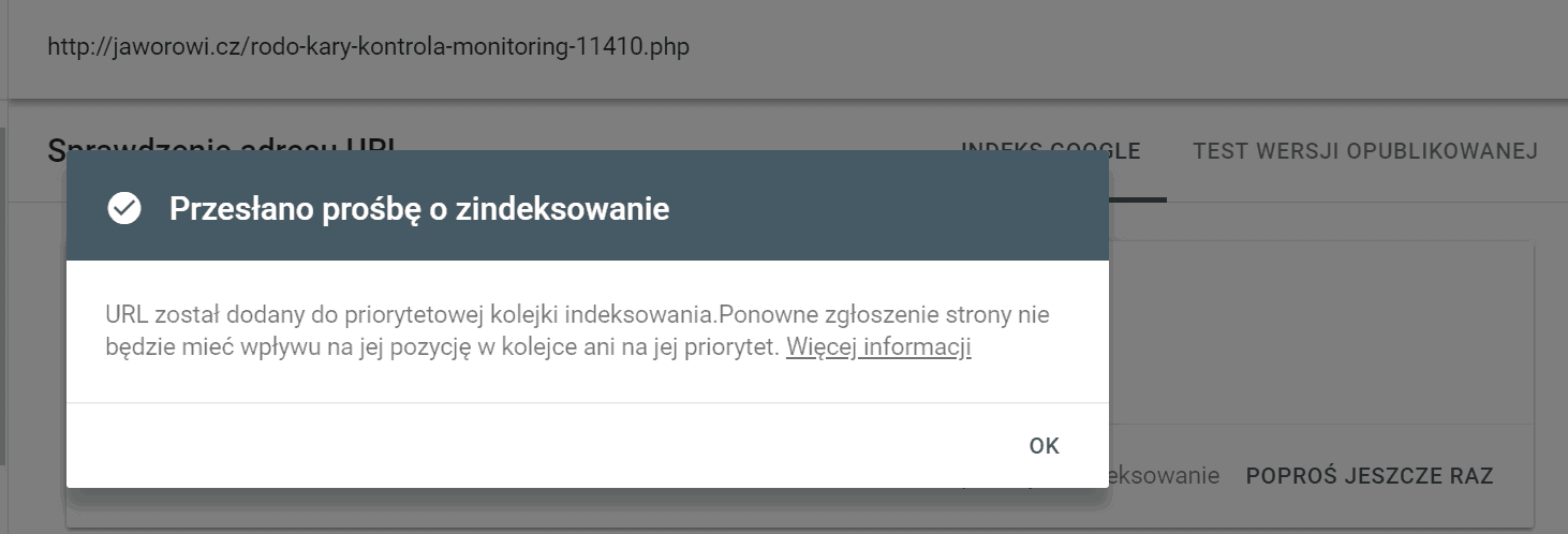 Przesłano prośbę o zaindeksowanie 