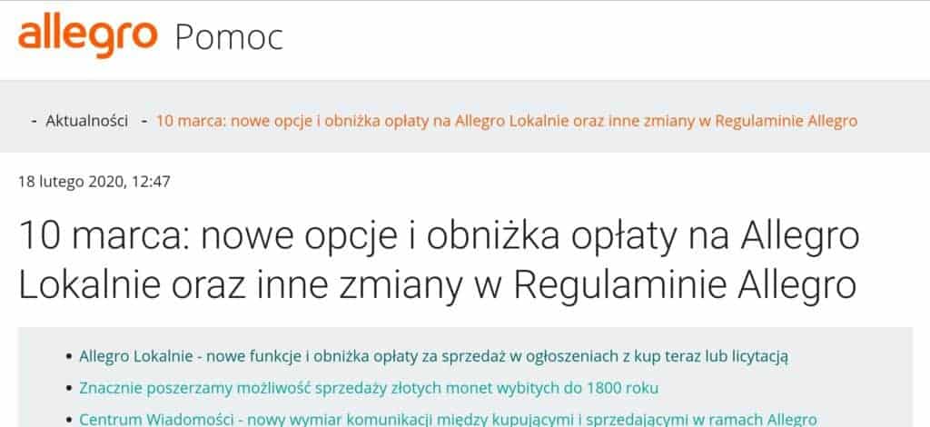 Allegro Lokalne cennik prowizje 2020
