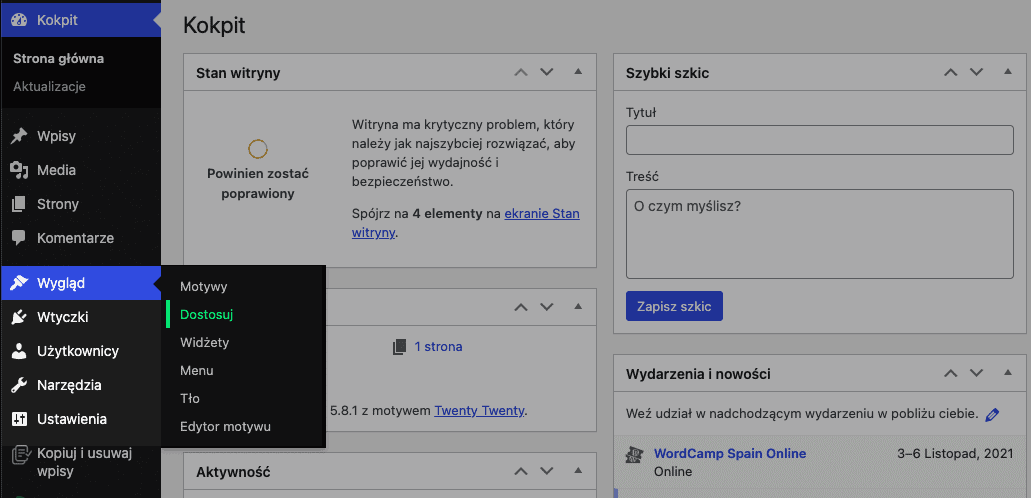 Wygląd → Dostosuj → Dodatkowy Css