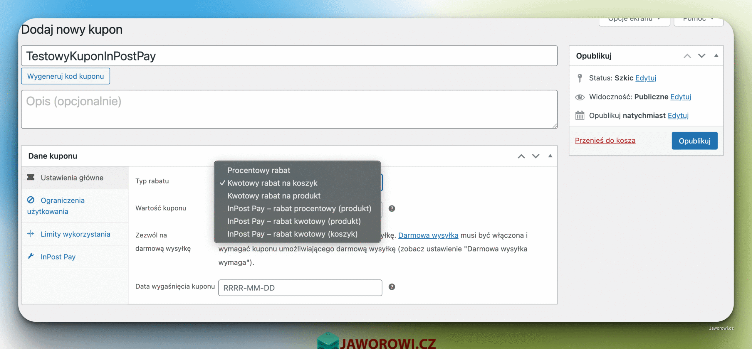 dodawanie kuponu rabatowego woocommerce