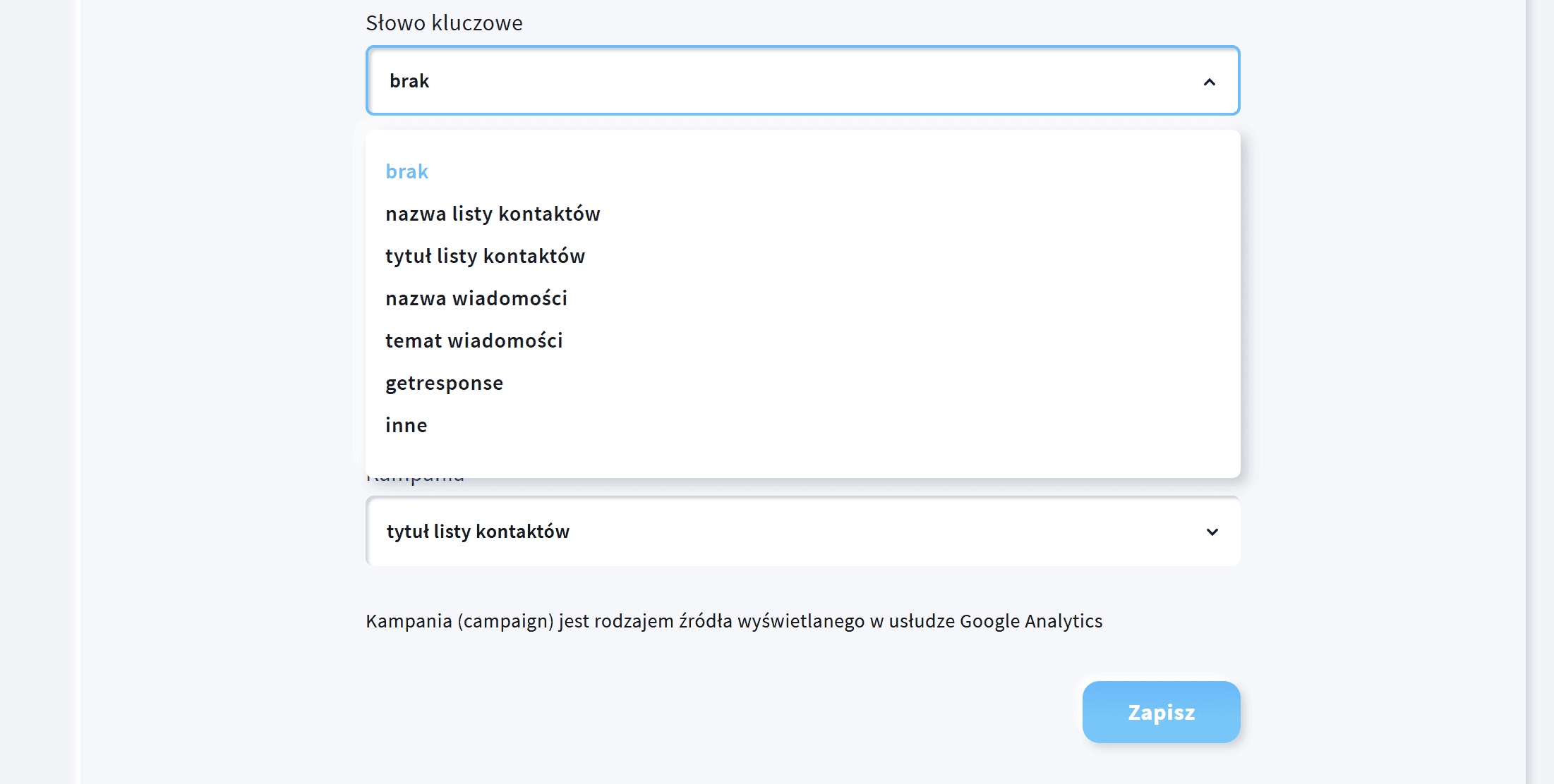 GetResponse ustawienie tagów UTM GA4 analityka maili.